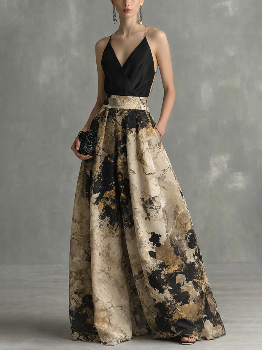 Black & Beige Abstract Print Strappy V-Neck Maxi Dress