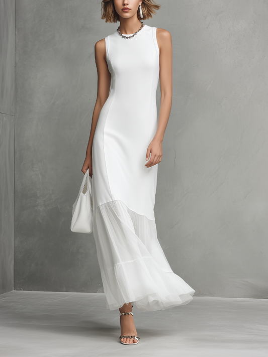 White Sleeveless Milk-Silk & Chiffon Panel Dress
