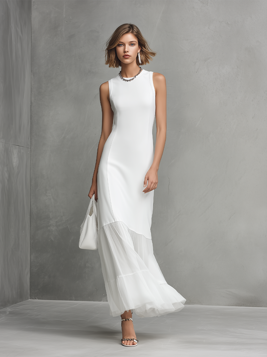White Sleeveless Milk-Silk & Chiffon Panel Dress