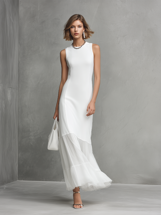 White Sleeveless Milk-Silk & Chiffon Panel Dress
