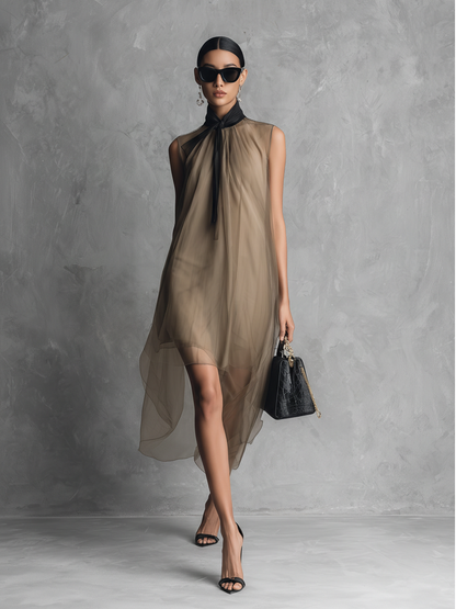 Khaki & Brown Two-Tone Sleeveless Chiffon Dress