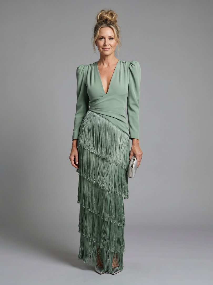 Fiona – Long Sleeve Fringe Skirt Midi Dress