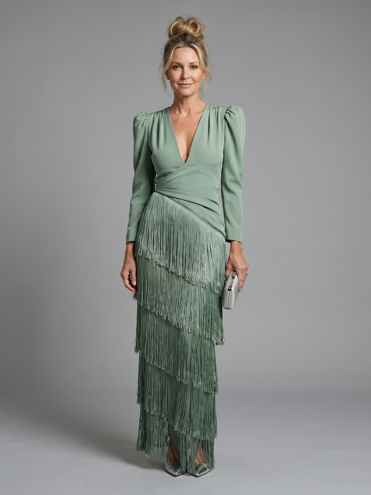 Fiona – Long Sleeve Fringe Skirt Midi Dress