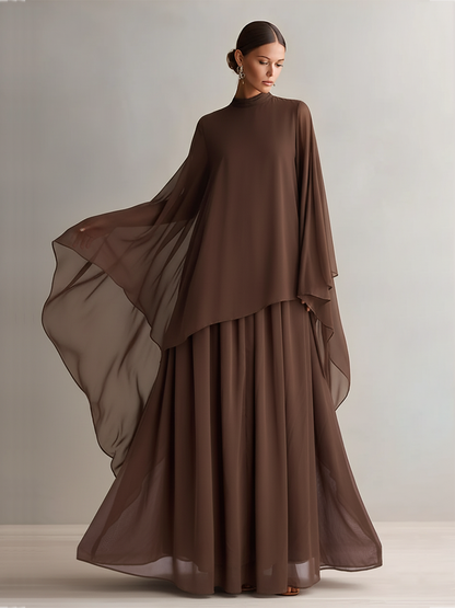 Rich Brown Chiffon Cape Maxi Dress