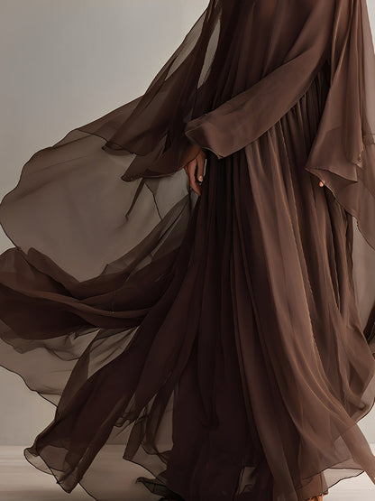 Rich Brown Chiffon Cape Maxi Dress