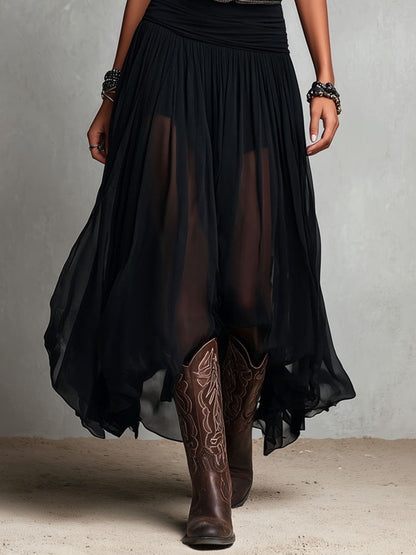 Black Boho Western Stretch Maxi Dress with Sheer Skirt