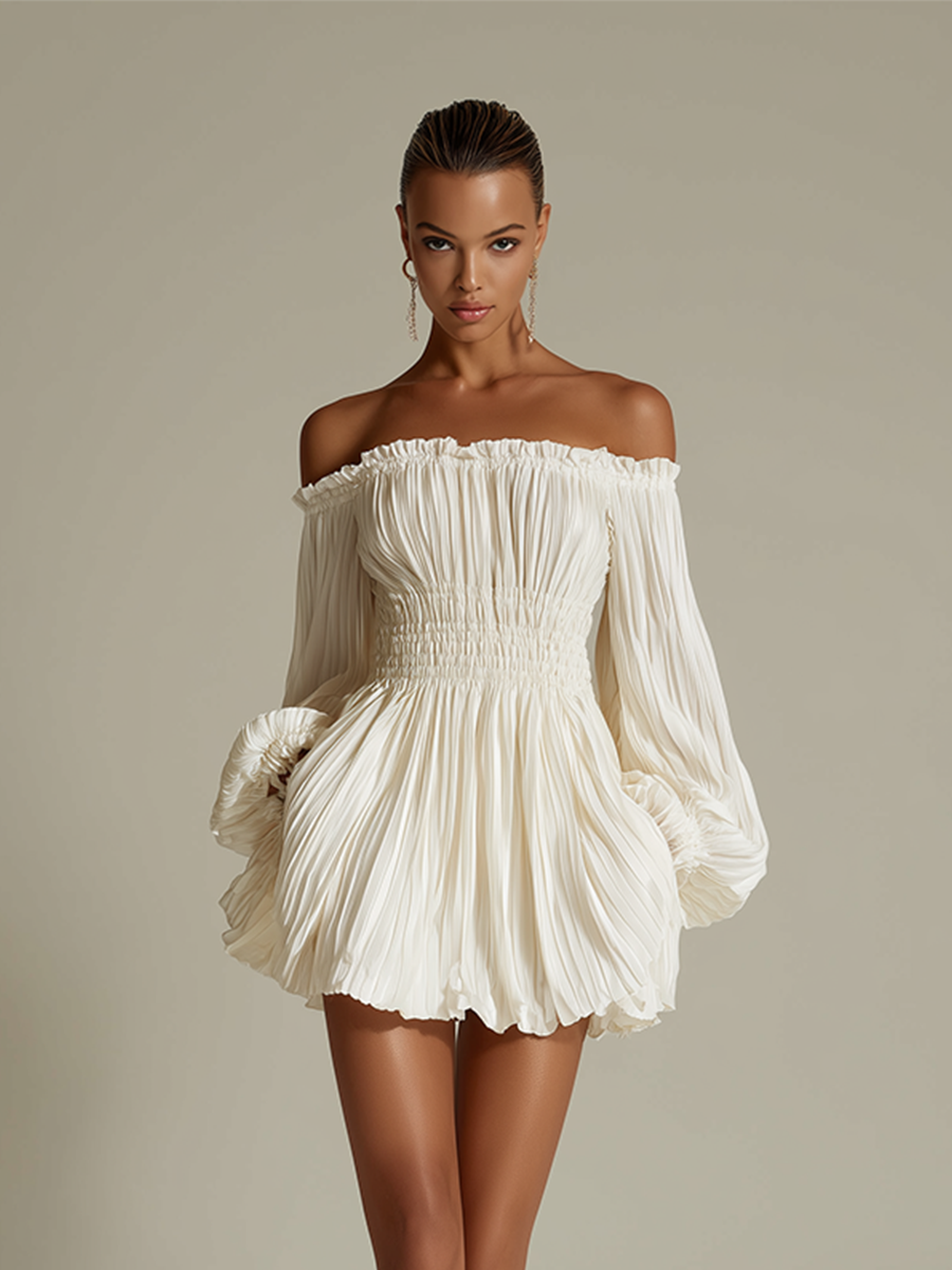 Ivory Pleated Bardot Dress with Gathered Waist