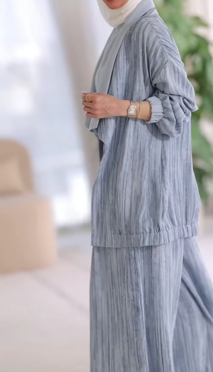 Three-Piece Vertical Stripe Collared Set