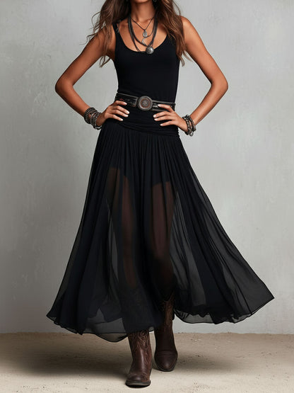 Black Boho Western Stretch Maxi Dress with Sheer Skirt
