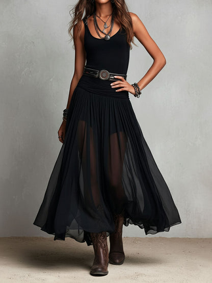 Black Boho Western Stretch Maxi Dress with Sheer Skirt