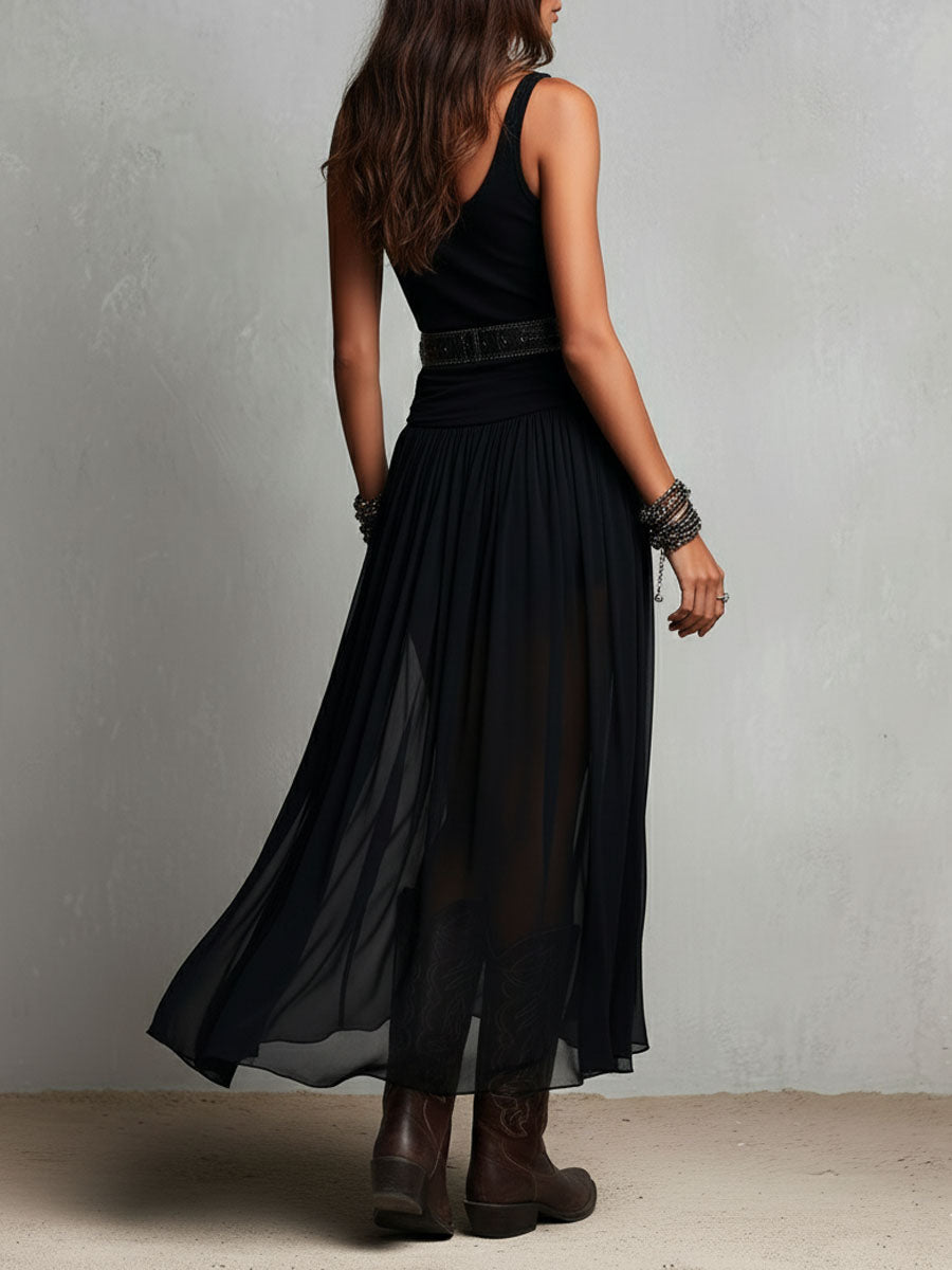Black Boho Western Stretch Maxi Dress with Sheer Skirt