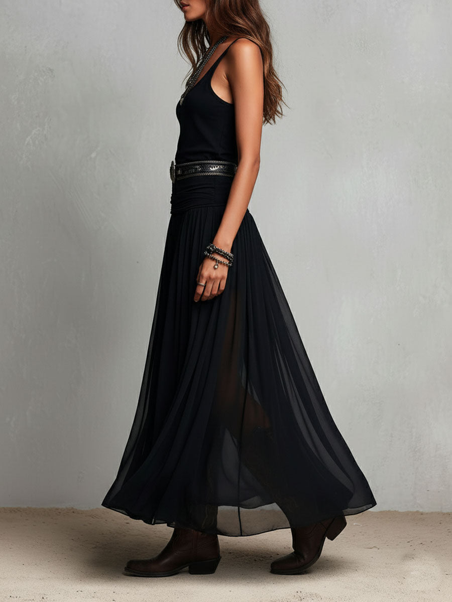 Black Boho Western Stretch Maxi Dress with Sheer Skirt