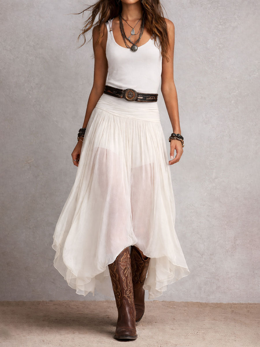 Black Boho Western Stretch Maxi Dress with Sheer Skirt