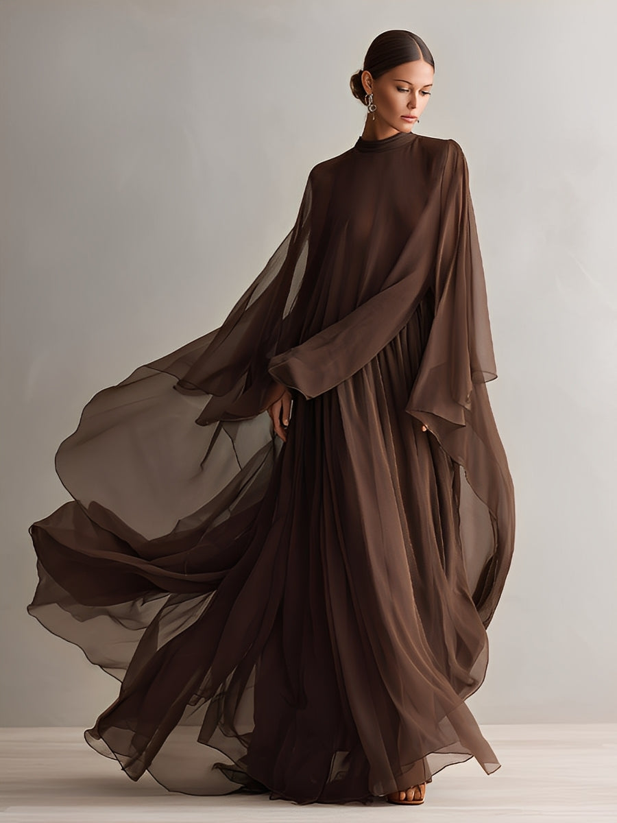 Rich Brown Chiffon Cape Maxi Dress
