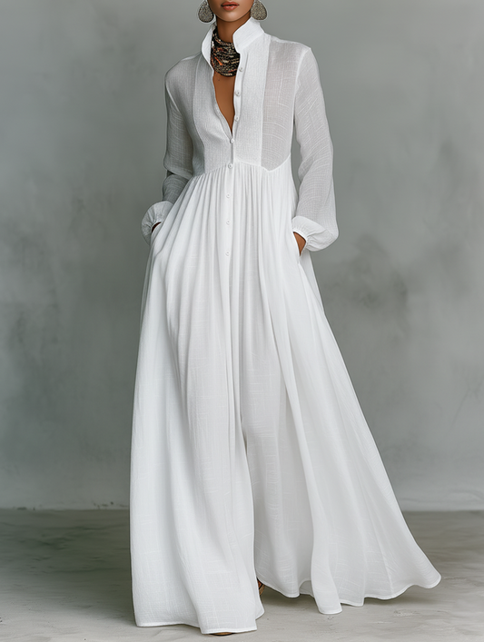 Minimalist Cotton-Linen Patchwork Maxi Dress