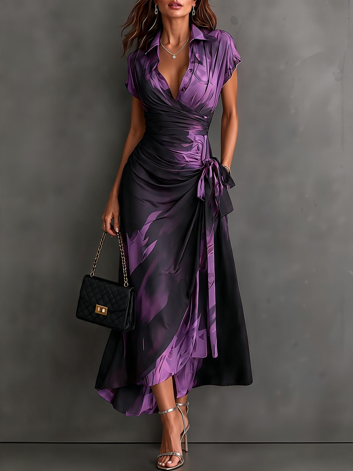 Red Black Abstract Print Wrap Midi Dress Collared V Neck Short Sleeve Tie Waist Ruffled High‑Low Hem Dress.
