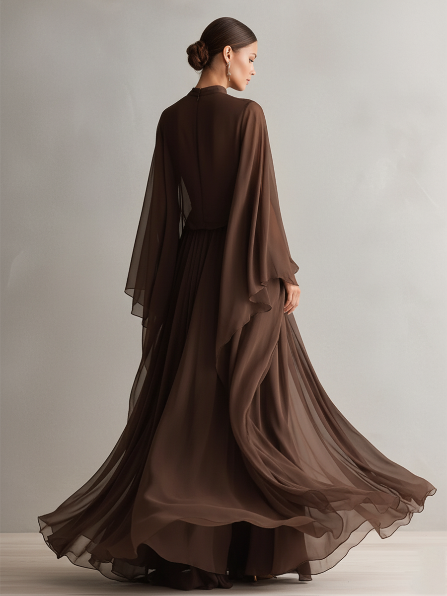 Rich Brown Chiffon Cape Maxi Dress