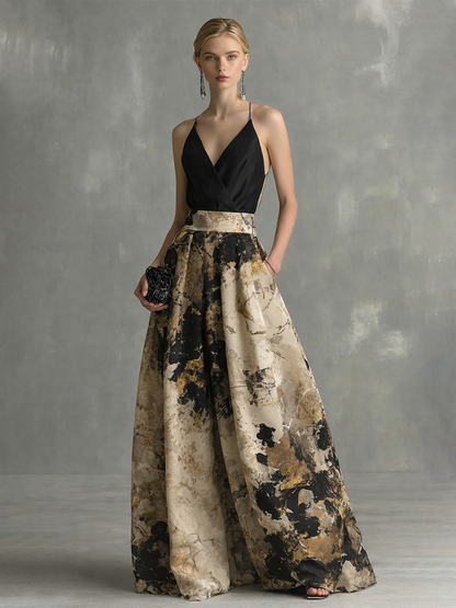 Black & Beige Abstract Print Strappy V-Neck Maxi Dress