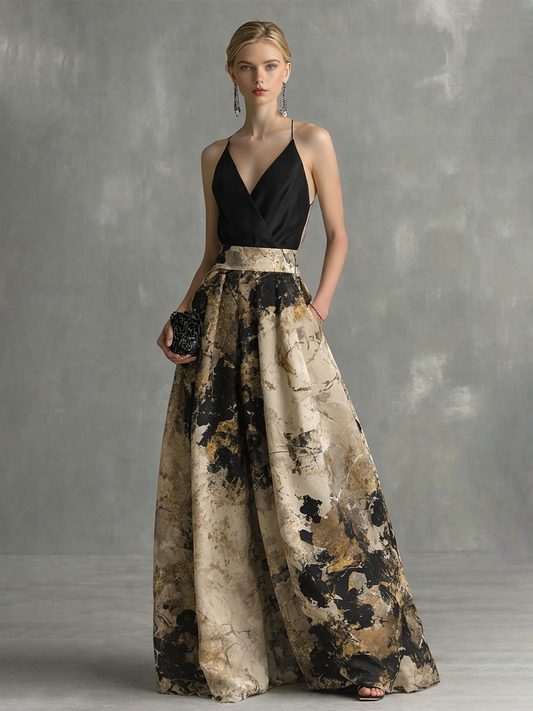 Black & Beige Abstract Print Strappy V-Neck Maxi Dress