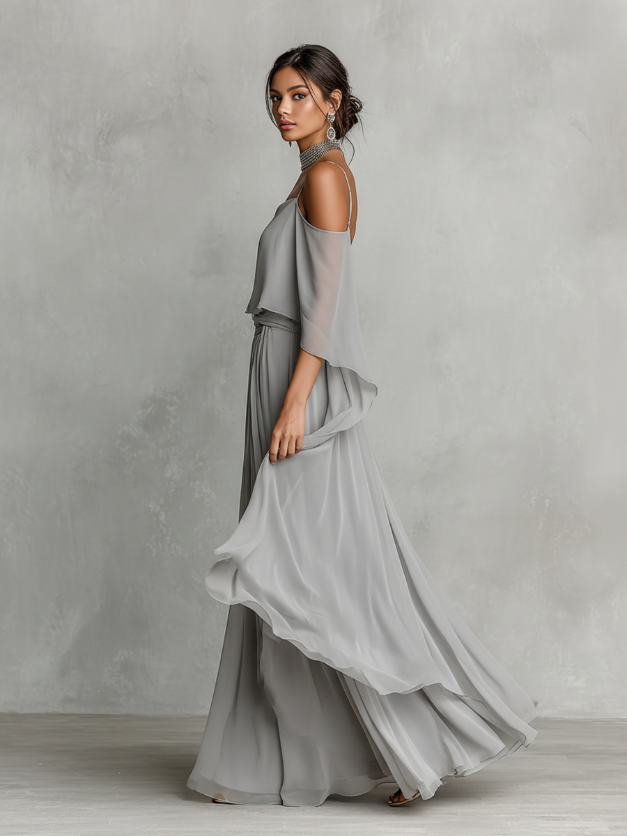 Grey Chiffon Off-Shoulder Flared Set