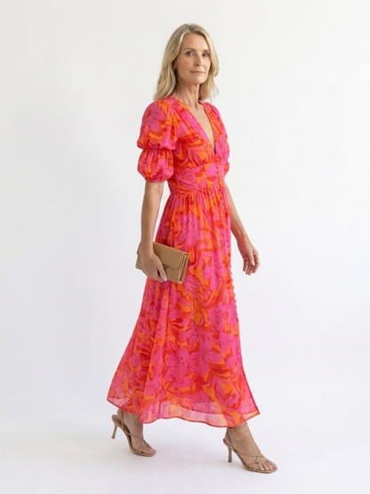 Daisy – Floral V-Neck Puff Sleeve Midi Dress