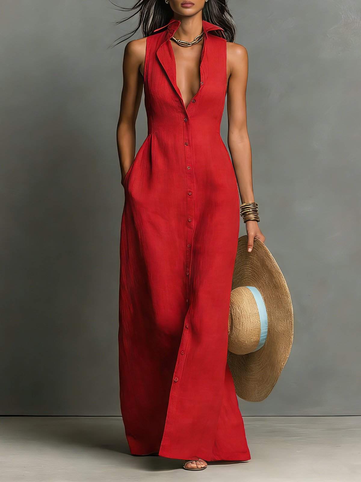 Minimalist Sleeveless Linen Maxi Shirt Dress
