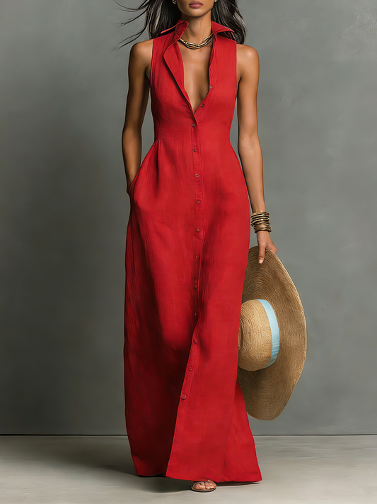 Minimalist Sleeveless Linen Maxi Shirt Dress