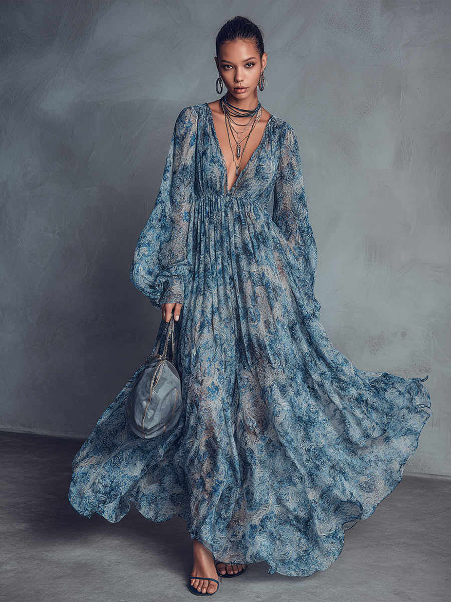 Blue Floral Boho Chiffon Maxi Dress
