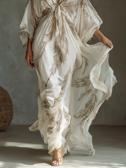 Ivory & Taupe Palm Print Chiffon Maxi Dress