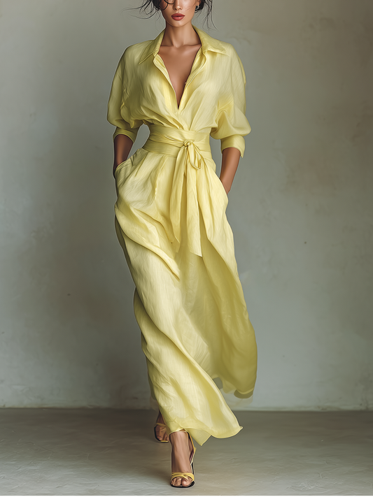 Lemon Yellow Cotton-Linen Maxi Shirt Dress with Tie Belt