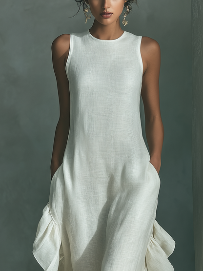 Ivory Sleeveless Linen Maxi Dress with Ruffle Hem