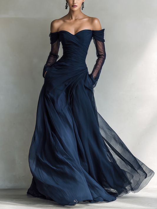 Dark Blue Organza Chiffon Off-Shoulder Maxi Dress