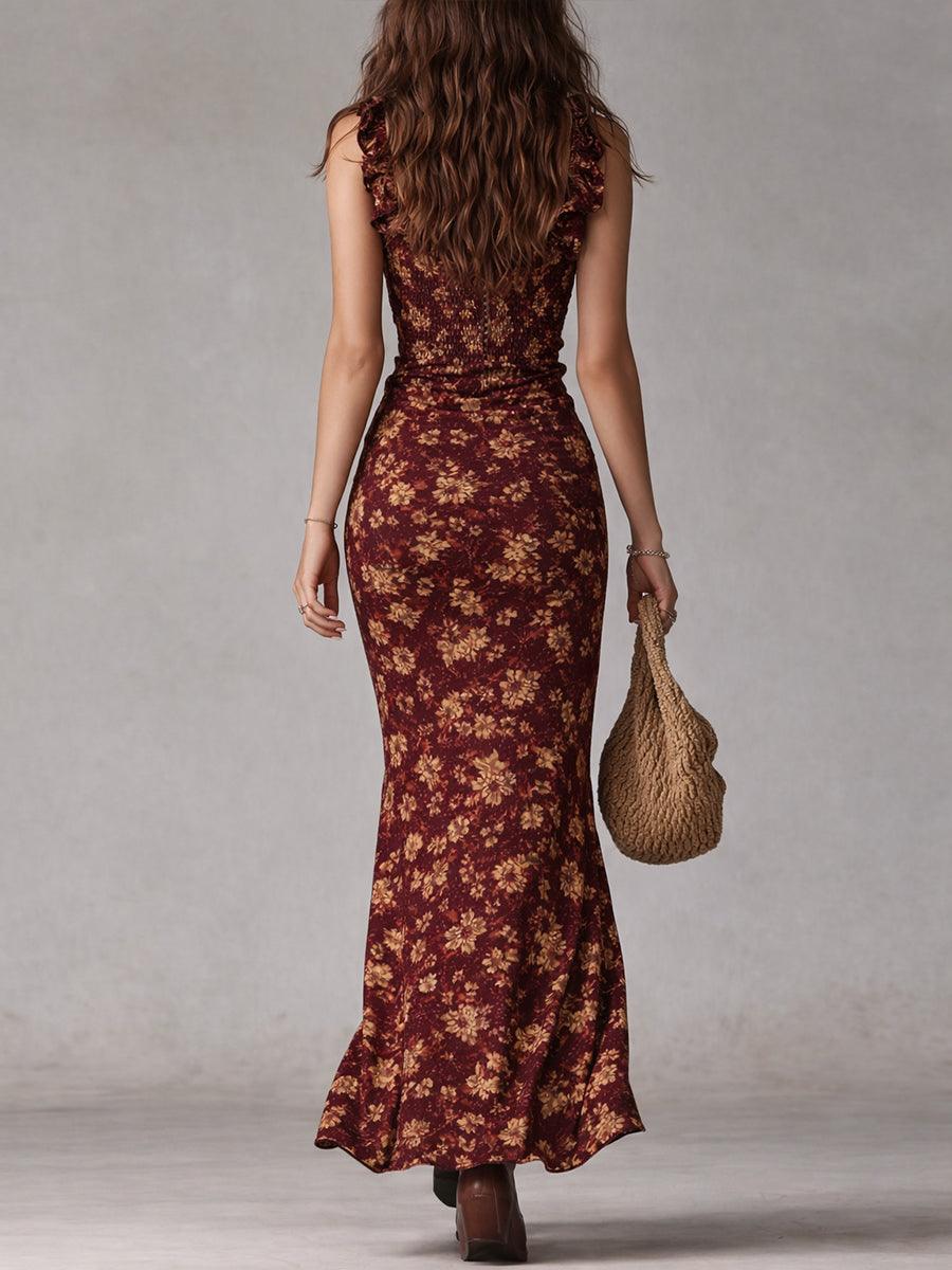 Retro Boho Ruffle-Sleeve Maxi Dress with High Split