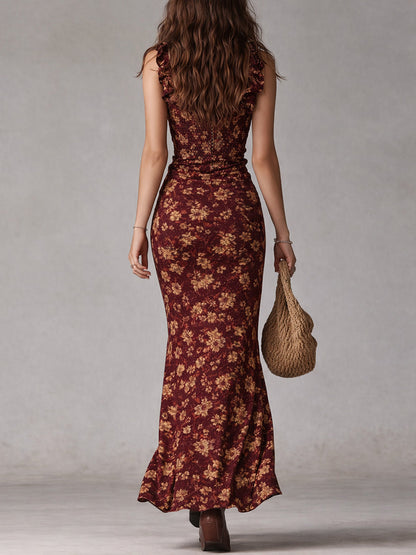 Retro Boho Ruffle-Sleeve Maxi Dress with High Split