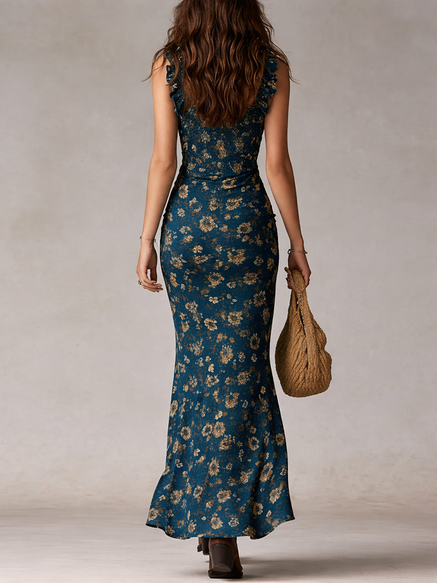 Retro Boho Ruffle-Sleeve Maxi Dress with High Split