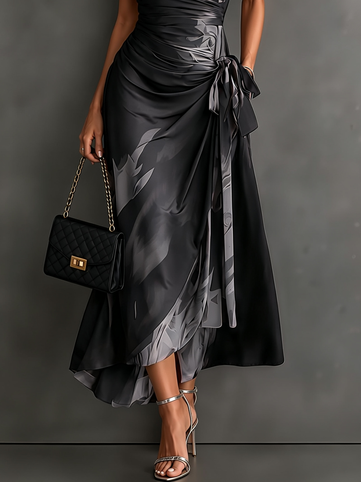 Red Black Abstract Print Wrap Midi Dress Collared V Neck Short Sleeve Tie Waist Ruffled High‑Low Hem Dress.