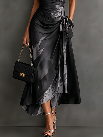 Red Black Abstract Print Wrap Midi Dress Collared V Neck Short Sleeve Tie Waist Ruffled High‑Low Hem Dress.
