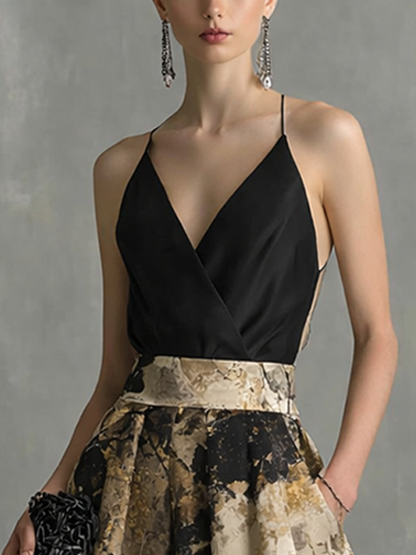 Black & Beige Abstract Print Strappy V-Neck Maxi Dress