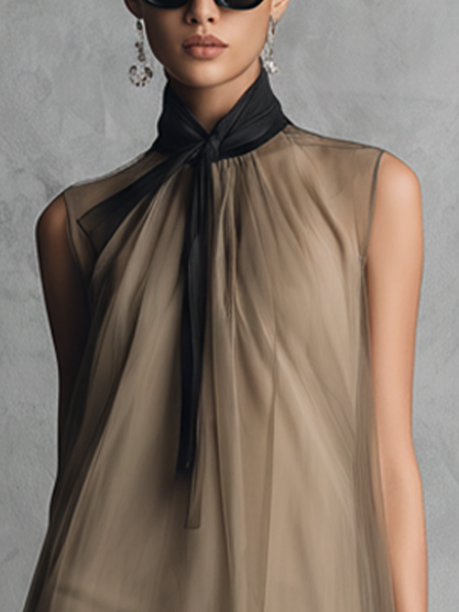 Khaki & Brown Two-Tone Sleeveless Chiffon Dress