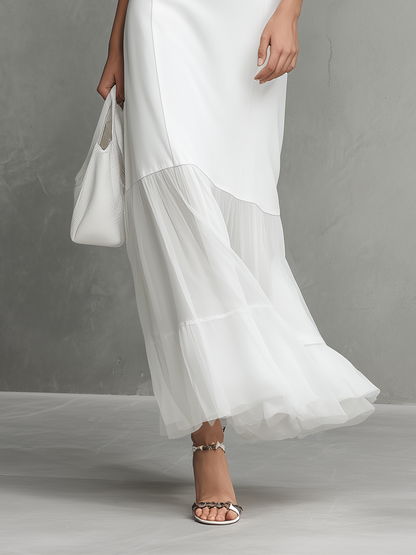 White Sleeveless Milk-Silk & Chiffon Panel Dress
