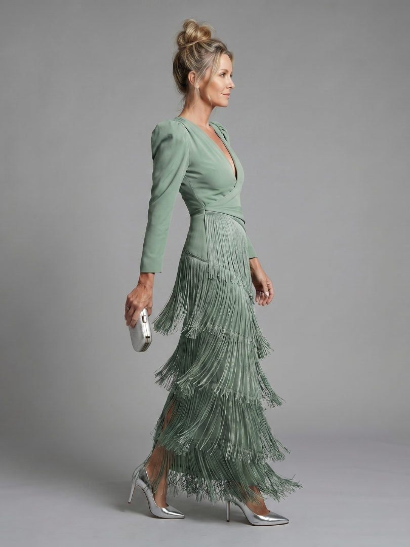 Fiona – Long Sleeve Fringe Skirt Midi Dress