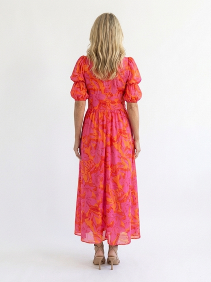 Daisy – Floral V-Neck Puff Sleeve Midi Dress