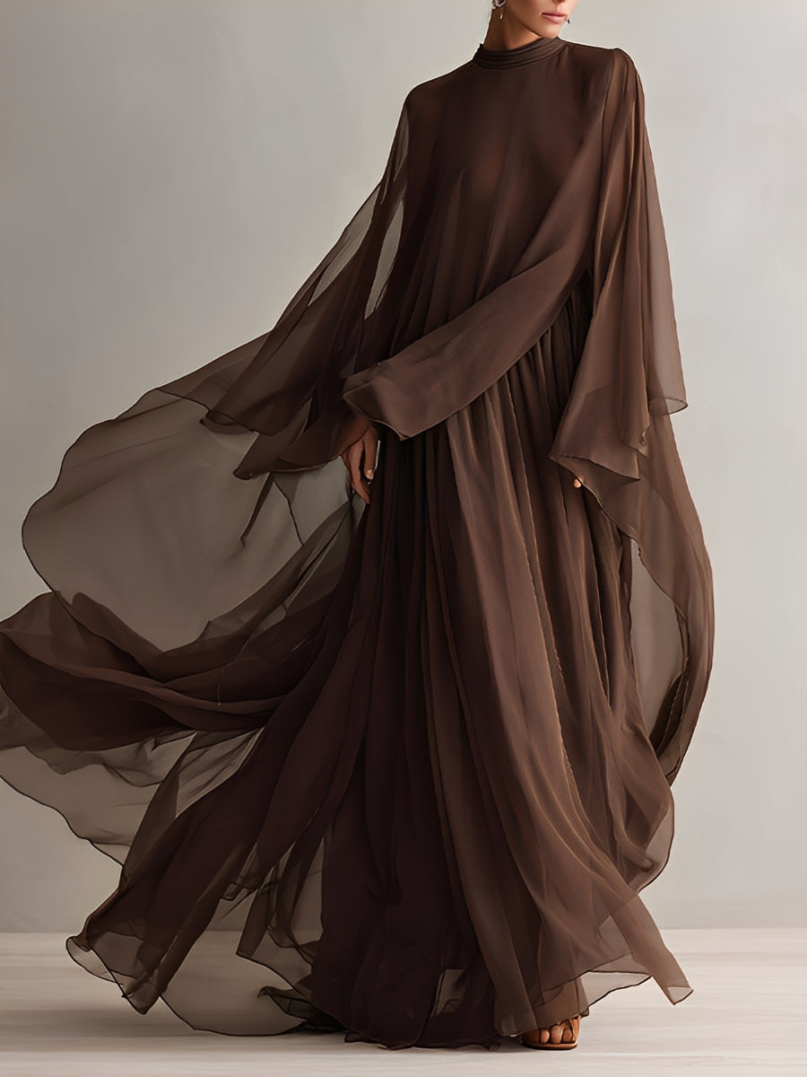 Rich Brown Chiffon Cape Maxi Dress
