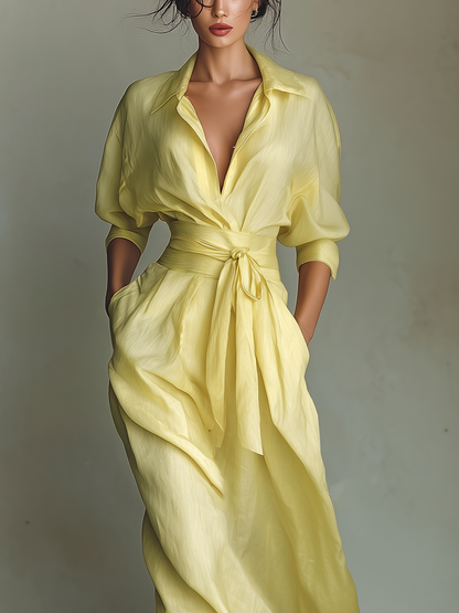 Lemon Yellow Cotton-Linen Maxi Shirt Dress with Tie Belt