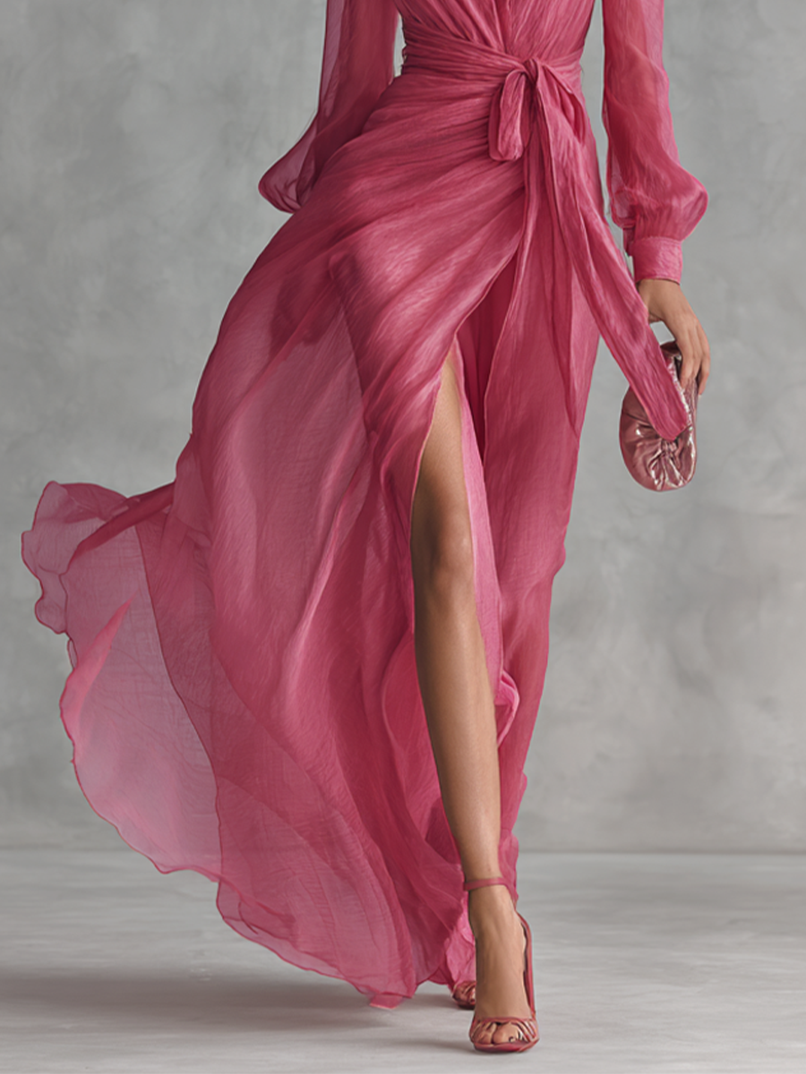 Dusty Pink Pearl Chiffon Long Dress with Tie Waist