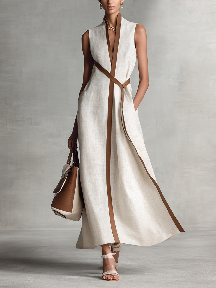 Sleeveless Cotton-Linen V-Neck Maxi Dress with Tie Belt