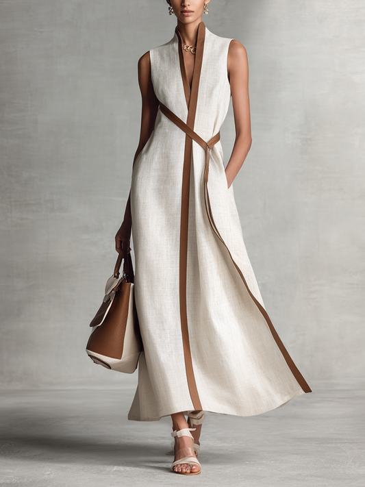 Sleeveless Cotton-Linen V-Neck Maxi Dress with Tie Belt