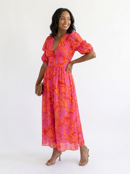 Daisy – Floral V-Neck Puff Sleeve Midi Dress