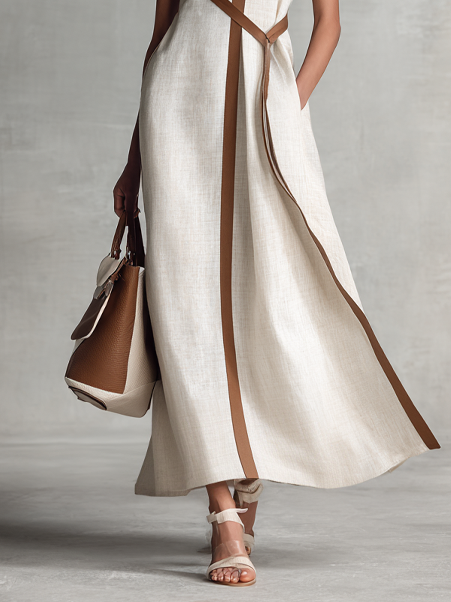 Sleeveless Cotton-Linen V-Neck Maxi Dress with Tie Belt