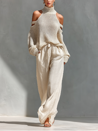 Beige Off-Shoulder Knit Top & Wide-Leg Trouser Set